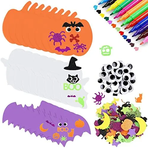Produktbild: Halloween Kürbis Aufkleber, Bastelset Halloween Kinder mit 24 Stück Halloween Schaum Kürbis, 50 Stück Wackelaugen, 12 Farben kleiner Farbstift und 100 Stück Halloween Pumpkin Face Stickers