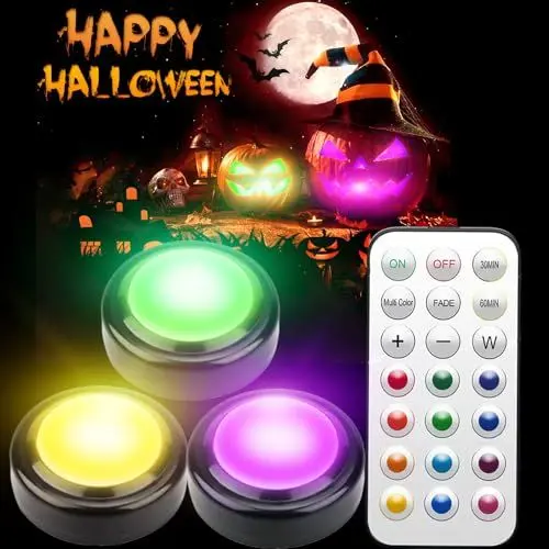 Produktbild: Halloween Kürbis LED Lichter Mit Fernbedienung Schwarz Dimmbar Rgb LED-Puck-Lichterhelles Flimmern Batteriebetriebene Kabinettbeleuchtung Elektrische Flammenlose Kerzenlich Farbwechsel Treppenlicht3er