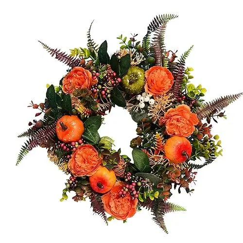 Produktbild: Halloween Kürbis Pfingstrosen Türkranz Außenbereich 45 cm Herbst Ahornblatt Beerenkranz die Haustür künstlicher Bauernhaus Kranz rustikaler Kranz, Deko Landhausstil Angebote, Sale Angebote