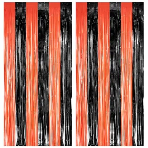 Produktbild: Lametta Vorhang Schwarz Orange - GREATRIL Luftschlangen Party Hintergrund Deko für Basketball Feuerwehr Thanksgiving Aperol Hexen Gespenster Kürbis GruselHalloween Party Deko