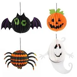 Produktbild: Halloween Laterne mit LED Teelichter, Gobesty 4 Stück Halloween Lampions Papierlaterne Dekoration, Faltbar Lampenschirm Lampions, Wabenbälle Laterne Halloween Windlicht für Halloween Party Dekoration