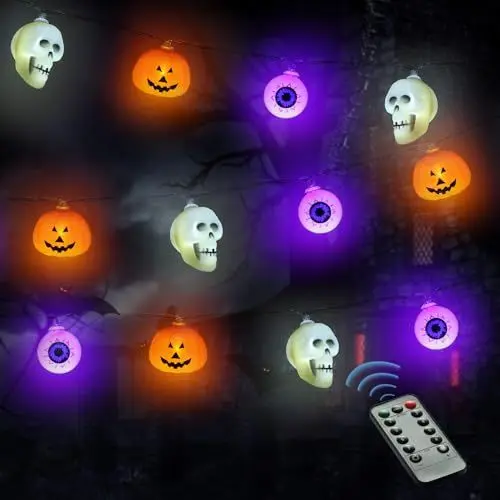 Produktbild: Halloween Lichterkette, 4.5M 30 LED Halloween Deko Lichterkette Kürbis Totenkopf Augapfel Deko Licht Batteriebetriebene Lichterkette mit Timer, 8 Modes Fairy Lights Halloween Indoor Outdoor Party
