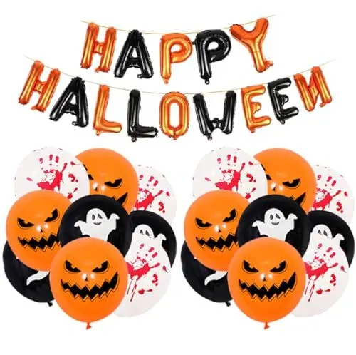 Produktbild: Halloween Deko Set - XXL Happy Halloween Foilenballons Girlande, 18 Stück Luftballons für Party Deko Kinder