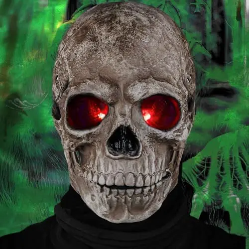Produktbild: Halloween Totenkopf Maske mit Beweglichem Kiefer und Augen mit Roten Lichtern, Gruselige Latex Vollkopf Skull Mask für Cosplay Karnevals Kostüm Party Requisiten