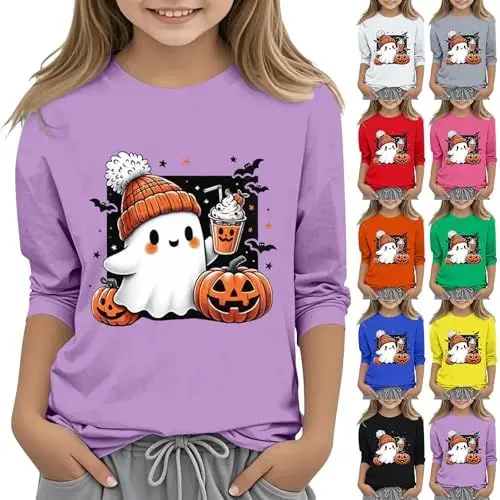 Produktbild: Halloween Muster Langarmshirt Mädchen Jungen Langarm Rundhals Sweatshirt Halloween-Muster Pullover Tops Oberteil Lässige Baumwolle Bluse Weiche Bequeme Unterhemd Preppy-Stil (Black-B, 12-13 Years)