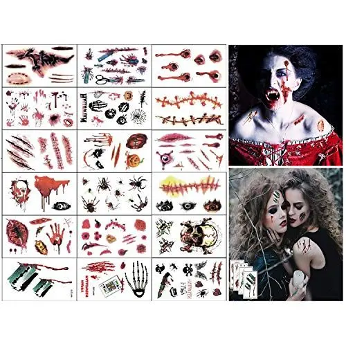 Produktbild: Halloween Schminke,18 Blatt Halloween Kostüm Damen Kinder, Halloween Deko Zombies Vampir Cosplay Halloween Party Accessoires Prop Dekorationen Aufkleber(Zombie-Tattoos)