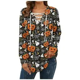Produktbild: Halloween Oberteil Bluse Woman Herbst Legerer Pullover Long Polyester Hexe V-Neck Lange Ärme Pullover Damenen Lose Strands Binde Mit Gummizug Dunkelgrau