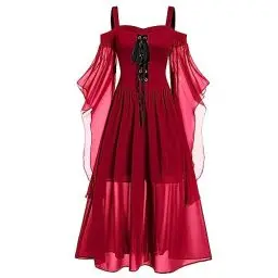 Produktbild: Halloween Dirndl Kleid Damen Fasching Gatsby Kleid Fledermaus Kostüm Kinder Petticoat Kleid Bequem Boho Kleid Schnürkleid Halloween Kostüm Damen Hexe Kleid Kleider Vampir Kostüm Mädchen（3-Red，L）