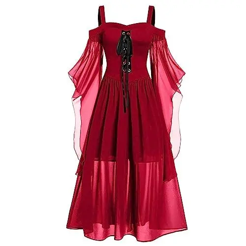 Produktbild: Halloween Dirndl Kleid Damen Fasching Gatsby Kleid Fledermaus Kostüm Kinder Petticoat Kleid Bequem Boho Kleid Schnürkleid Halloween Kostüm Damen Hexe Kleid Kleider Vampir Kostüm Mädchen（3-Red，L）