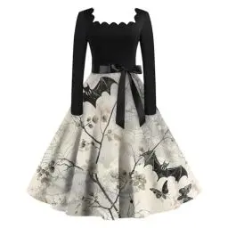 Produktbild: Halloween Plus Größe Kostüm Damen Kleid Rüsche Quadratisch Ausschnitt Lang Ärmel Party Kleider Trendig Halloween Druck Cocktail Schwingen Kleid Hellgrau 5XL Sexy Halloween Halloween Kostüm Sexy