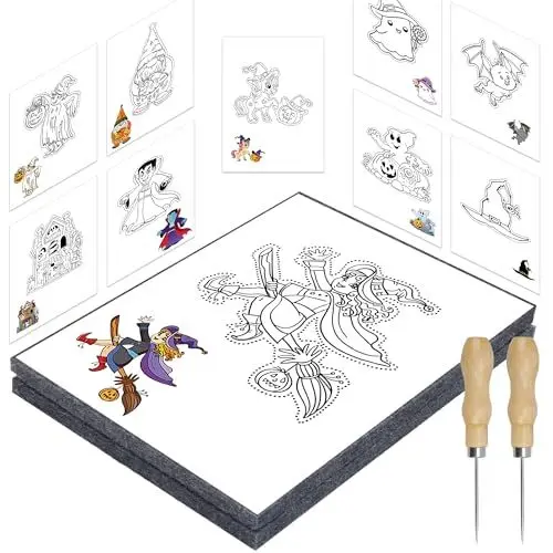 Produktbild: Halloween Prickelset für Kinder ab 4, Prickelnadel Set Mit 2 Prickelunterlagen, 2 Prickelnadeln & 10 Stickbildern, Sicher & Entwickelt für Kleine Hände, Prickeln Kunst Kit für Kreative Bastelprojekte
