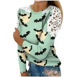 Produktbild: Halloween Pulli Blusen Damen Buissnes Pullover Oversized Langen Ärmeln Weite Patchwork Dünne Pullover Women Halloween Hexe Mode Gemütlich Rundhals Minzgrün