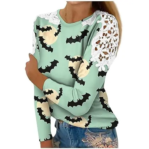 Produktbild: Halloween Pulli Blusen Damen Buissnes Pullover Oversized Langen Ärmeln Weite Patchwork Dünne Pullover Women Halloween Hexe Mode Gemütlich Rundhals Minzgrün