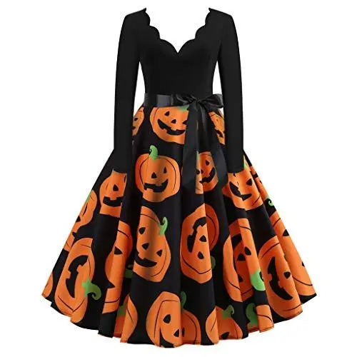 Produktbild: Halloween Retro-Kleider FüR Frauen Halloween Partykleid für Frauen Langarm Cocktail Swing Kleid Kürbis Fledermaus Hexe Bedruckte Cosplay Hepburn Kleider Gute Halloween KostüMe Orange M