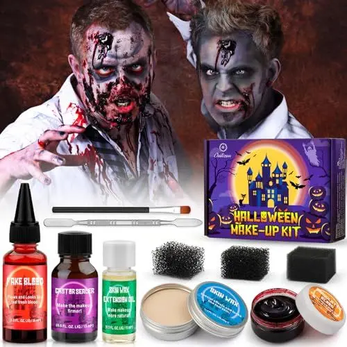 Produktbild: Halloween SFX Schminke Kit, Halloween Kunstblut Set mit Narbenwachs, Dichtungsöl, Verlängerungsöl, Schwämme -Realistisch Wunden Narben Make Up für Vampir Monster Zombie zum Kostümfeste Halloween Party
