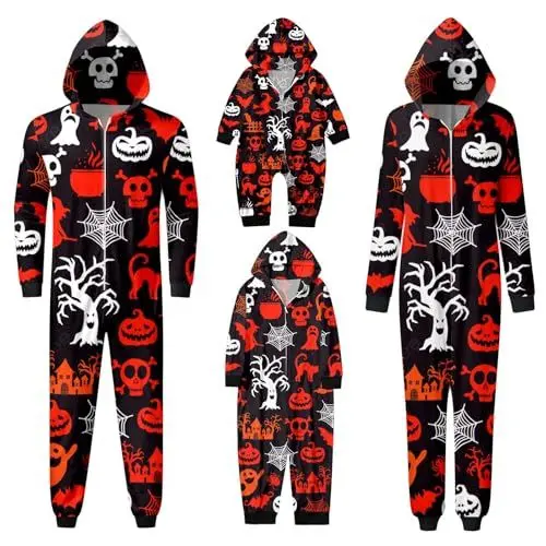 Produktbild: Halloween Schlafanzug Herren Schlafanzug Damen Schlafanzüge Jungen Weihnachten Schlafanzüge Familien Pyjama Set Lang Tops+Hosen Strampler Neujahr Zweiteiliger für Vater, Mutter 1-10 Jahre 164