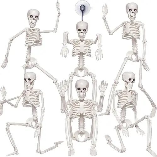Produktbild: Halloween Skelett, 6er GRUSEL-Set mit Saugnäpfen : 40cm Kleine Skelette mit vollbeweglichen Gelenken-Komplette-Deko aus Kunststoff für Garten, Horror-Haus & Friendhofs-Szenen (Skelett-6er Set 40cm)