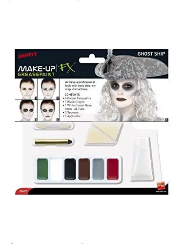 Produktbild: Halloween! Smiffys Geisterschiff Make-up-Kit, Grüne, weiße, braune, graue und rote Fettfarbe, Schwarzer Fettstift, Pinsel und 2 Schwämme