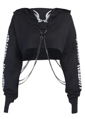 Produktbild: Gothic Punk Cool Girl Drachen Muster t Shirts Langarm Hosenträger Frauen T-Shirt Crew Neck Schwarz Crop Top Herbst Pullover