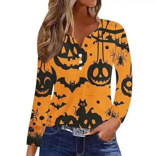 Produktbild: Halloween Sweatshirt Damen Fledermaus Kürbis Drucken Langarmshirt Frühling Winter V-Ausschnitt Bluse Pullover Teenager Mädchen Sweatshirt Damen Ohne Kapuze Oberteile(A3-Gelb,L)