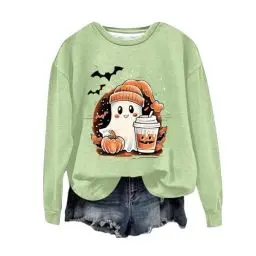 Produktbild: Halloween Sweatshirt Damen Rundhalsausschnitt Langärmelig Kostüm Oversized Sportshirt Ohne Kapuze Drucken Pullover Oberteil Karneval Halloween Party Langarmshirt Lustig Tops (Mint Green, XL)