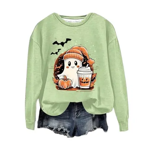 Produktbild: Halloween Sweatshirt Damen Rundhalsausschnitt Langärmelig Kostüm Oversized Sportshirt Ohne Kapuze Drucken Pullover Oberteil Karneval Halloween Party Langarmshirt Lustig Tops (Mint Green, XL)