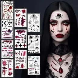 Produktbild: Halloween Tattoo, 10 Blatt Halloween Karneval Kostüm Damen Herren Gesicht Aufkleber, Zombie Vampir Hexen Horror Narben Wunden Gruselig Gesichtstattoo, Erwachsene Kinder Fasching Schminke Accessoires