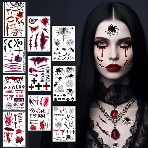 Produktbild: Halloween Tattoo, 10 Blatt Halloween Kostüm Damen Herren Accessoires, Teufel Zombie Vampir Hexe Gruselig Gesichtstattoo, Horror Kostüm Erwachsene Kinder Wunden Narben Kunstblut Gesicht Aufkleber