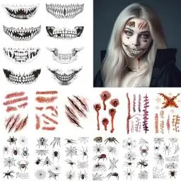 Produktbild: Halloween Tattoo Gesicht, 20 Blatt Halloween Kostüm Kinder Erwachsene Fake Tattoos, Halloween Kostüm Damen Schminke Accessoires, Zombie Vampir Horror Make Up Sticker, Halloween Deko Party Mitgebsel