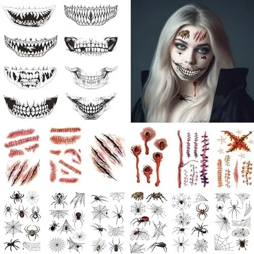 Produktbild: Halloween Tattoo Gesicht, 20 Blatt Halloween Kostüm Kinder Erwachsene Fake Tattoos, Halloween Kostüm Damen Schminke Accessoires, Zombie Vampir Horror Make Up Sticker, Halloween Deko Party Mitgebsel