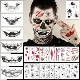 Produktbild: Halloween Tattoo Gesicht, 27 Blatt Erwachsene Schminke Accessoires, Hexe Vampir Zombie Kostüm Damen Herren Gruselig Narben Tattoos Wunden Spinnen Skelett Gesichtstattoo, Halloween Mitgebsel Kinder