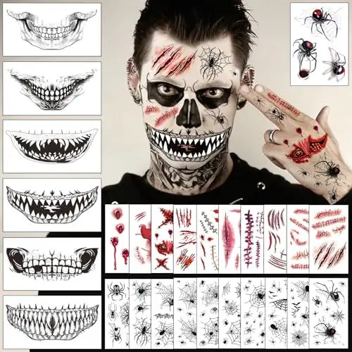 Produktbild: Halloween Tattoo Gesicht, 27 Blatt Erwachsene Schminke Accessoires, Hexe Vampir Zombie Kostüm Damen Herren Gruselig Narben Tattoos Wunden Spinnen Skelett Gesichtstattoo, Halloween Mitgebsel Kinder