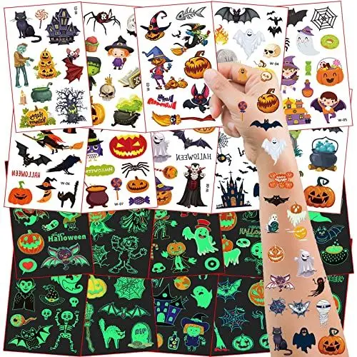 Produktbild: 20 Blatt Halloween Tattoo Kinder,Leucht Halloween Deko Kinder Temporäre Tattoos Aufkleber für Halloween Dekoration, Halloween Mitgebsel Kinder Party Zubehör Spiele Spielzeug Geschenke