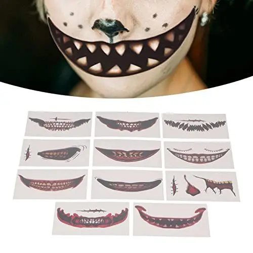 Produktbild: Halloween Temporäre Tattoos, 12 Stück Halloween Temporäre Tattoos Aufkleber Gruselige Halloween Narben Tattoos Skelett Mund Tattoo Gesicht Temporäre Tattoos für Kinder Erwachsene