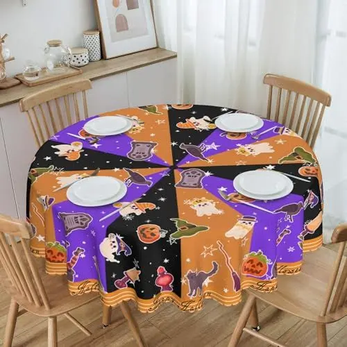 Produktbild: Halloween Tischdecke Rund 150cm, Kürbis Kerze Ghosts Grabstein Deko Party Tischdecken Abwaschbar Polyester Wasserdicht Tischtuch Halloween Deko Tischdekoration für Outdoor Garten Esszimmer Küche