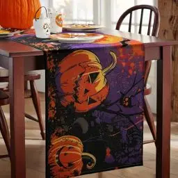 Produktbild: Halloween Tischläufer Kürbis Fledermaus Orange Lila Schwarz Halloween Tischdecke Leinen Abwaschbar Tischläufer Lang Tischtuch Tischdeko für Herbst Küche Halloween Party Dekoration 35x180 cm