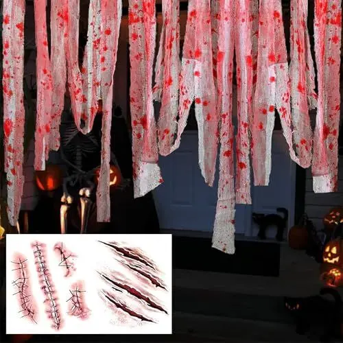 Produktbild: AhLmA Türvorhang 10 m x 8 cm Blutige Gaze Deko Tuch Mit 10 Narben für Halloween-Kostümdekoration und Party-Dekoration