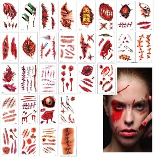 Produktbild: Halloween Zombie Scars Tattoos Aufkleber, Darryy 30 Blatt Halloween Tattoo Narben, Narben Tattoos, Horror Narbe Wunde Make-up Aufkleber, Halloween Make-up Requisiten