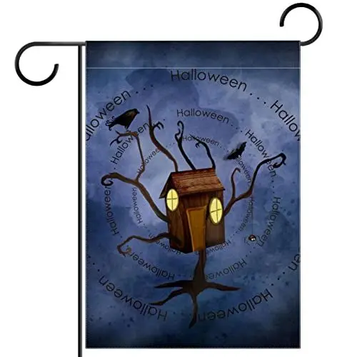 Produktbild: Halloween-Baumhaus-Krähe Gartenflaggen 12 x 18 doppelseitig,Außenhofflaggen,Kleine dekorative Flaggen für Bauernhäuser im Freien