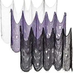 Produktbild: Halloween-Dekorationen Gruseliges Tuch 3 Stück, 183x76cm Halloween Gruseliges Gaze Tuch für Gothic Dekoration, Geistertuch für Tisch Haustür Outdoor ​Halloween Party Terror Deko (Weiß lila schwarz)