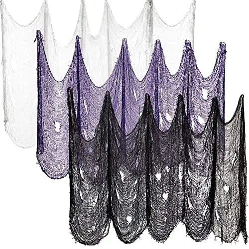 Produktbild: Halloween-Dekorationen Gruseliges Tuch 3 Stück, 183x76cm Halloween Gruseliges Gaze Tuch für Gothic Dekoration, Geistertuch für Tisch Haustür Outdoor ​Halloween Party Terror Deko (Weiß lila schwarz)