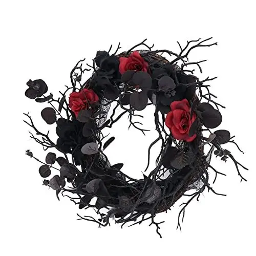 Produktbild: Halloween-Kranz, Totes Schwarzes ABS-Kunstzweig-Design mit Roter Blumen-Türkranz-Girlande Zur Dekoration