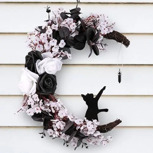 Produktbild: Halloween-Mond-Türkranz, Mond-Katzen-Kranz mit Rose für Haustür, Türschild-Dekoration, Weiße Rose, Halbmond-Kranz, Schwarzer Kranz mit Katze