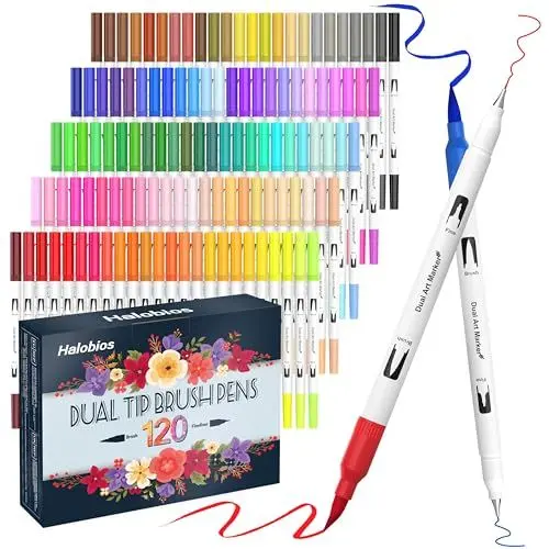 Produktbild: Halobios 120 Farben Dual Brush Pen Set, Filzstifte set für Kinder und Erwachsene, Malbücher, Skizzieren, Zeichnen, Kalligrafie, Grußkarten - Geschenkset