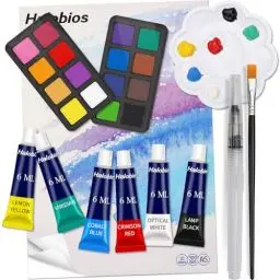 Produktbild: Halobios 22-teiliges tragbares Farbenset mit 12 Aquarellfarben, 6 Acrylfarben (je 6 ml) und einem 10-seitigen 5A-Mini-Skizzenbuch, Kunstbedarf für Erwachsene