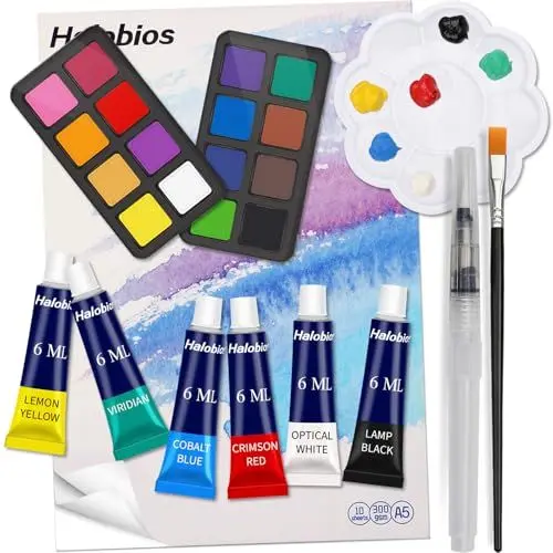 Produktbild: Halobios 22-teiliges tragbares Farbenset mit 12 Aquarellfarben, 6 Acrylfarben (je 6 ml) und einem 10-seitigen 5A-Mini-Skizzenbuch, Kunstbedarf für Erwachsene