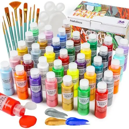 Produktbild: Halobios Acrylfarben-Set mit Pinsel und Palette – 36×60 ml hochwertige ungiftige Acrylfarbe, mit fluoreszierenden und metallischen Farben, schnell trocknend, wasserfest und lichtecht