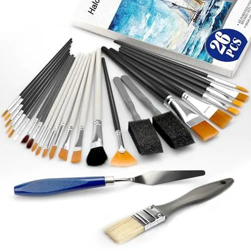 Produktbild: Halobios Farbbürsten, 26 Pcs Malerei Pinsel Set für Acrylfarbe, Öl, Gesicht, Körperfarbe, Kunst Malerei Pinsel für Erwachsene, Anfänger, Künstler, Kinder Kunst Zubehör