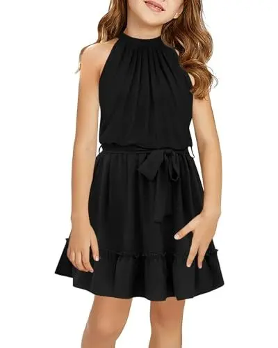 Produktbild: Halomoning Mädchen Kleid Ärmellos Einfacher Klassiker Casual Knielang für Kinder Sommer Prinzessin Party Hochzeit Tie Taille A-Linien Schwarz 7-8 Jahre