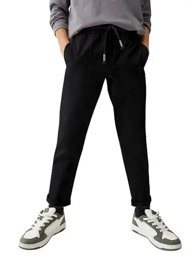 Produktbild: Haloumoning Jungen Lang Hosen Baumwolle Bequeme Freizeithose Kinder Jogger Sweathose Schule Uniform Hose mit Tunnelzug, Schwarz, 13-14 Jahre